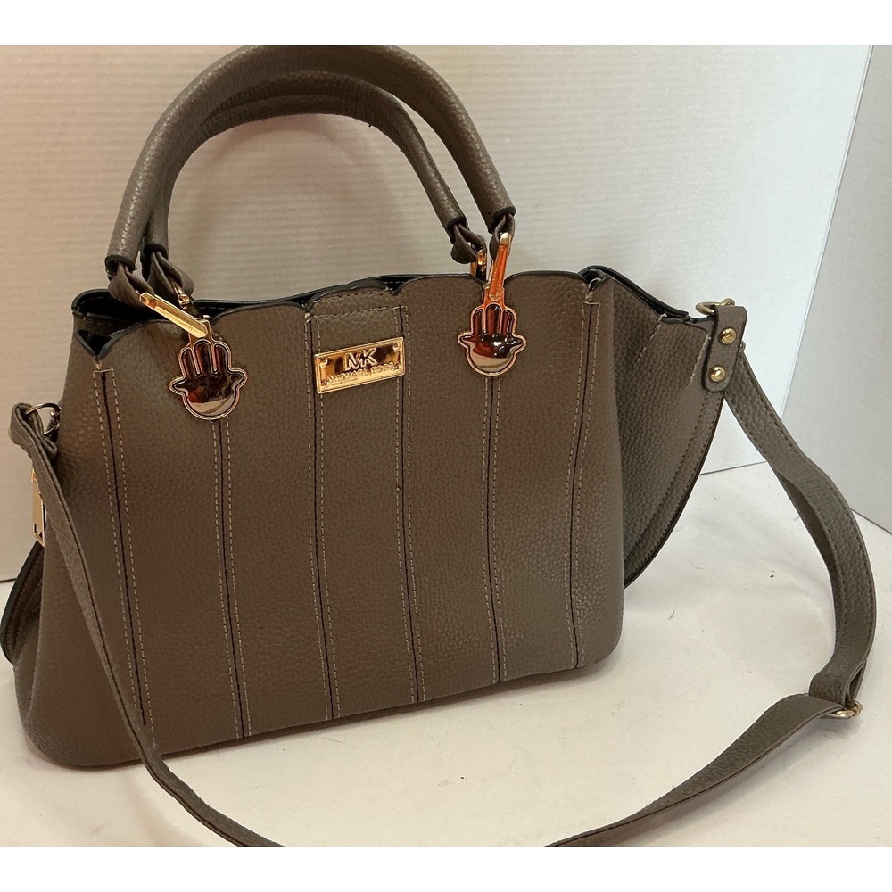 MK Satchel Taupe Pebbled Crossbody Bag Hamsa Hand Hardware Med Brown